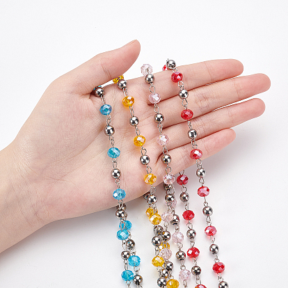 Chaînes de perles rondelle en verre olycraft pour la fabrication de bracelets de colliers, avec des billes de verre rondes et une épingle à oeil en fer, non soudée