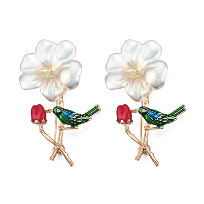 Flower with Bird Enamel Pin with ABS Plastic Pearl, Light Gold Plated Alloy Badge for Backpack Clothes, Nickel Free & Lead Free