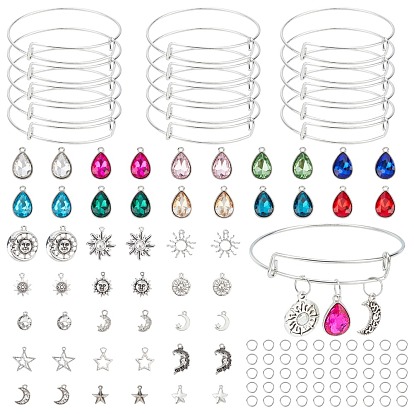 Kits de fabrication de bracelet bricolage, Comprend la fabrication de bracelet extensible réglable en fer, Pendentifs en alliage de style tibétain, pendentifs en verre et anneaux de saut en fer