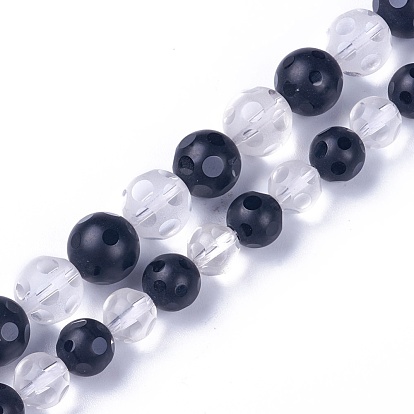 Natural Black Agate and Frosted Quartz Crystal Beads Strands, Round, Faceted