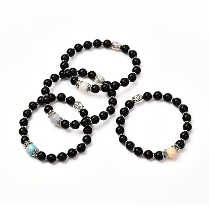 Natural Lava Rock Oil Diffuser Yoga Menditation Bracelet for Men Women Girls Jewelry, Mixed Stone & Buddha Head Alloy Stretch Bracelet