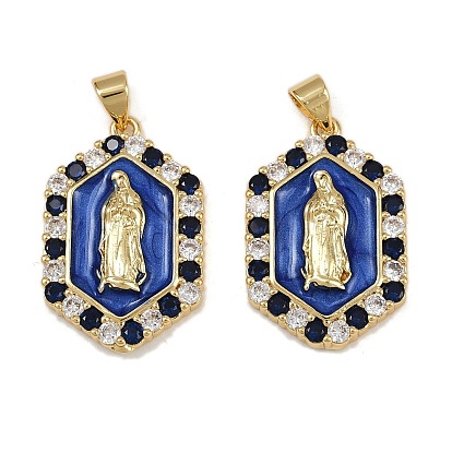 Латунные микро проложить кубического циркония подвески, шестиугольник с Девой Марией, с эмалью, стойки покрытие, долговечный, без кадмия и без свинца