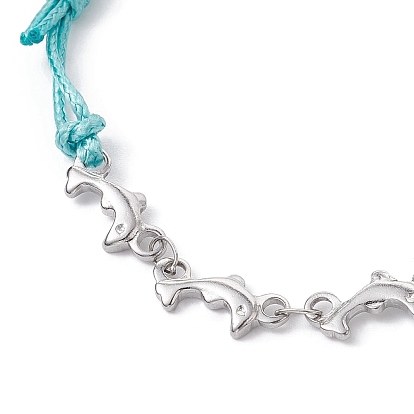 Dolphin 304 Stainless Steel Link Bracelets, Waxed Polyester Adjustable Bracelet