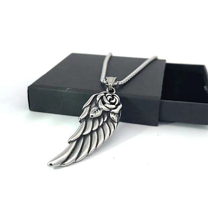 Подвеска в виде крыла ангела из нержавеющей стали в виде цветка розы и пера в стиле панк