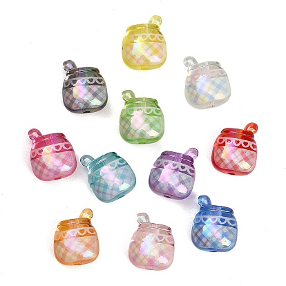 UV Plating Printed Transparent Acrylic Beads, Iridescent, Plaid Honey Jar