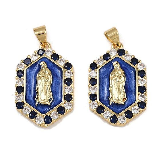 Латунные микро проложить кубического циркония подвески, шестиугольник с Девой Марией, с эмалью, стойки покрытие, долговечный, без кадмия и без свинца