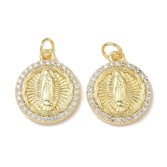 Латунные микро проложить кубического циркония подвески, стойки покрытие, плоские круглые с Девой Марией, без свинца и без кадмия, долговечный, с целью перехода в кольце