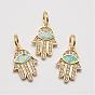 Brass Cubic Zirconia Charms, with Synthetic Opal, Hamsa Hand/Hand of Fatima/Hand of Miriam with Horse Eye, Cadmium Free & Lead Free