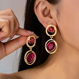Pendientes colgantes de aleación con pedrería para mujer, oval