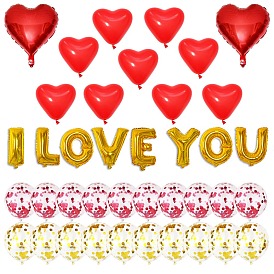 Heart & Round & Word I Love You Valentine's Day Theme Balloons Set, Including Sequins Balloons, Latex Balloons and Aluminium Film Balloons, for Party Festival Home Decorations