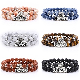 2Pcs 2 Style Gemstone Stretch Bracelets Set with Alloy Buddha Head for Women