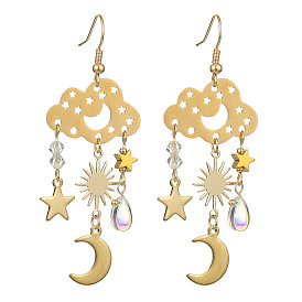 Transparent Glass Dangle Earrings, with 201 Stainless Steel Chandelier Components Links and 304 Stainless Steel Charms and Brass Link Connectors, Cloud with Moon and Star