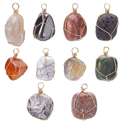 10Pcs 10 Style Natural Mixed Gemstone Pendants, with Golden Plated Brass Wire Wrapped, Nuggets