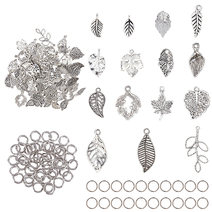 150Pcs Tibetan Style Alloy Pendants and 200Pcs 304 Stainless Steel Jump Rings, Cadmium Free & Lead Free, Leaf Shapes
