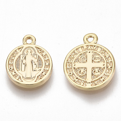 Brass Charms, for Religion, Nickel Free, Flat Round with Saint Benedict Medal