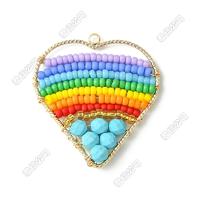Dyed Natural Magnesite & Glass Seed Beaded Pendants, Heart Charm