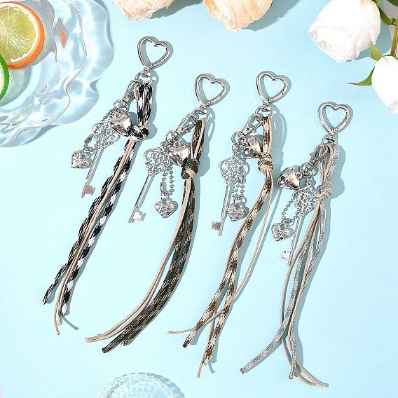 4 шт. 4 Цветные полиэфирные шнуры, сплавы и пластиковые подвесные украшения, Ключ с сердцем, разноцветные