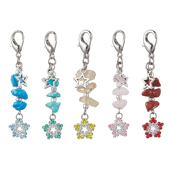 TOHO Seed Pendant Decorations, with Synthetic & Natural Mixed Gemstone Beads, Zinc Alloy Lobster Claw Clasps, Star