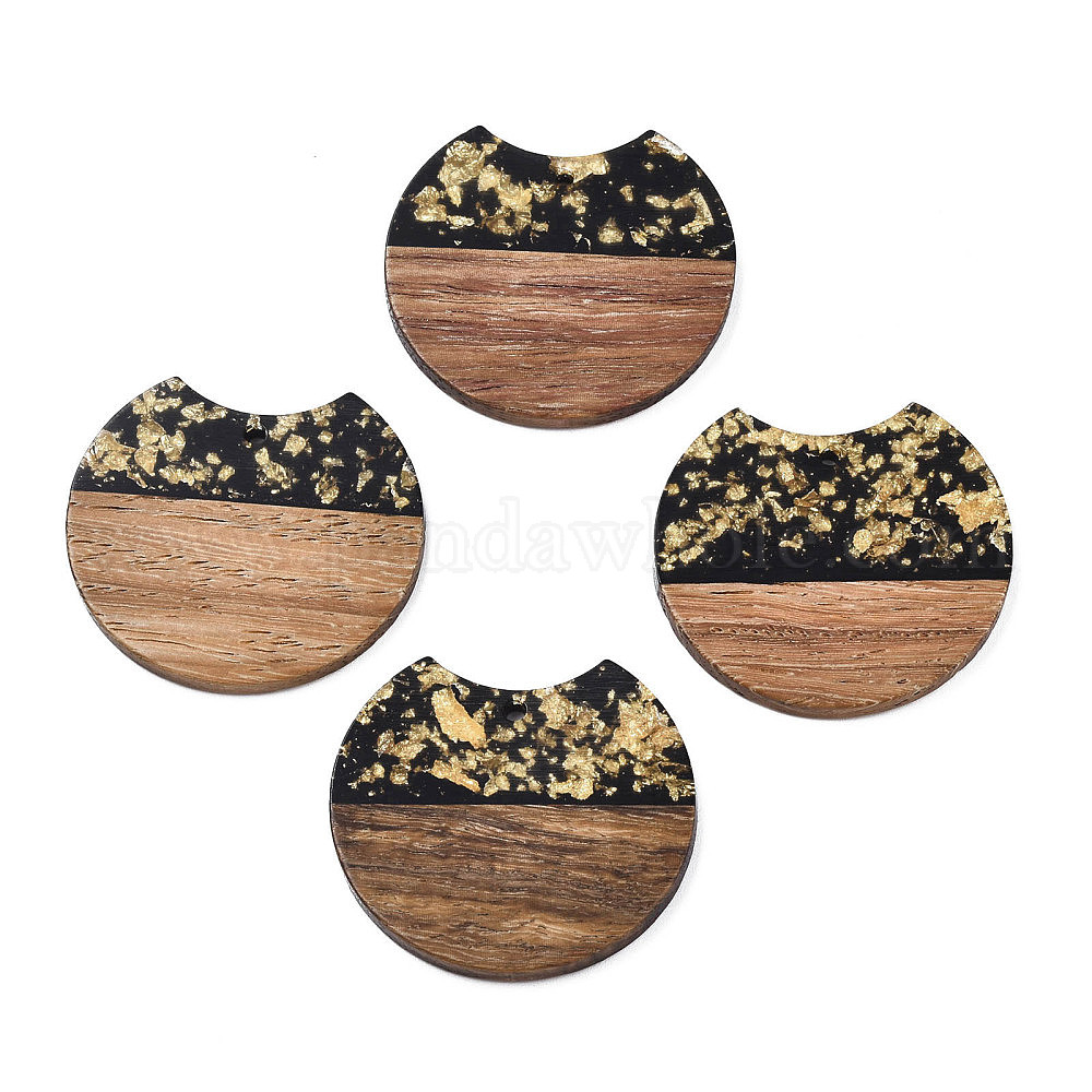 Translucent Resin & Waxed Walnut Wood Pendants, with Gold Foil, Gap Flat  Round