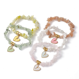 Valentine's Day Theme Alloy and Acrylic Natural Mixed Chip Gemstone Stretch Bracelet with Heart Charm, for Women