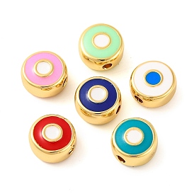 Rack Plating Brass Beads, with Enamel, Long-Lasting Plated, Real 18K Gold Plated, Flat Round with Evil Eye