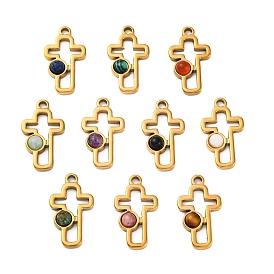 Natural Mixed Stone Pendants, Ion Plating(IP) 304 Stainless Steel Cross Charms, Real 18K Gold Plated, Mixed Dyed and Undyed