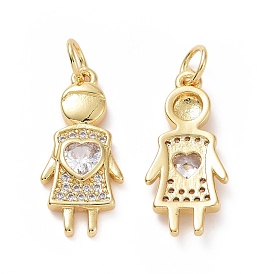 Brass Micro Pave Cubic Zirconia Pendants, with Jump Ring, Girl with Heart Charms
