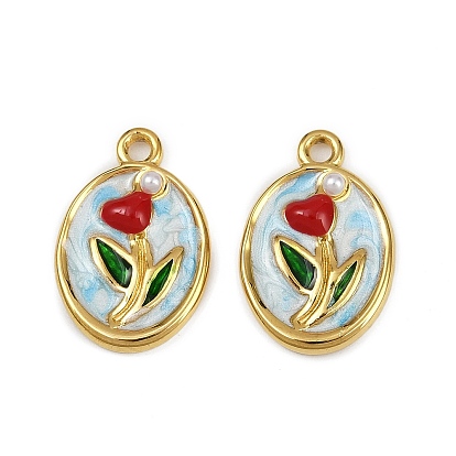 304 нержавеющей стальной эмали подвески, с абс пластмассовой имитационной жемчужиной, ионное покрытие (ip), овал с цветочными подвесками, реальный 18 k позолоченный