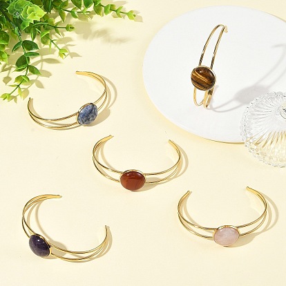 Natural Mixed Stone Flat Round 304 Stainless Steel Cuff Bangles for Women