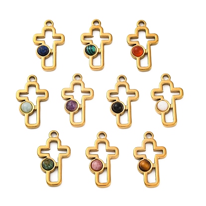 Природные каменные смешанные подвески, ионное покрытие (ip) 304 крестообразные подвески из нержавеющей стали, реальный 18 k позолоченный, смешанные окрашенные и неокрашенные