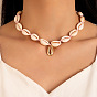 Boho Metal Shell Beaded Pendant Choker Necklace with Adjustable Cord