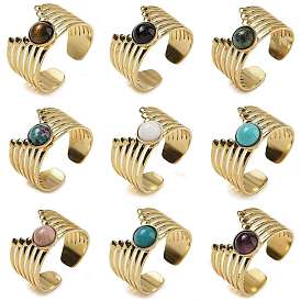 Natural & Synthetic Gemstone Finger Rings, 304 Stainless Steel Multi-layer Open Cuff Rings, Real 18K Gold Plated