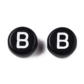Acrylic Horizontal Hole Letter Beads, Double-side Pattern, Flat Round, Black