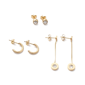 3 Pairs 3 Style Crystal Rhinestone Roman Number Tassel Stud Earrings, Ion Plating(IP) 304 Stainless Steel Jewelry for Women