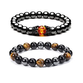 Natural Red Iron Ore & Obsidian Crown Bracelet Set for Couples - 8mm Yellow Tiger Eye Beads