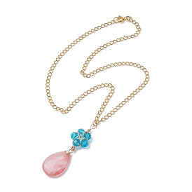 Glass & Cherry Quartz Glass Pendants Necklaces, with Brass Loops, Teardrop