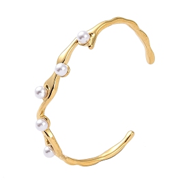 304 Stainless Steel Open Cuff Bangles for Women, with Shell Pearl
