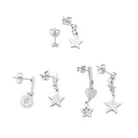 3 Pair 3 Style Rhinestones Star & Heart Asymmetrical Earrings, 304 Stainless Steel Dangle Stud Earrings for Women