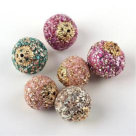 Handmade Indonesia Beads, Round, with Gemstone and Alloy Findings, Golden, 19~20.5x17.5~20mm, Hole: 1.8mm