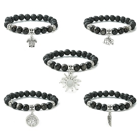 Natural Lava Rock & Silver Obsidian Beaded Stretch Bracelet with Alloy Charms