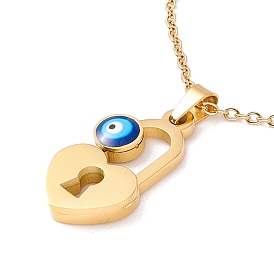 Ion Plating(IP) 304 Stainless Steel Heart Padlock with Evil Eye Pendant Necklace with Enamel for Women