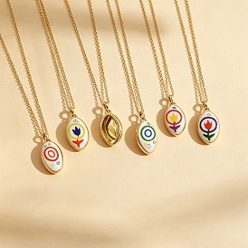 Printed Brass Enamel Oval Pendant Necklaces for Women, Golden