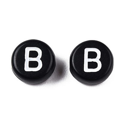 Acrylic Horizontal Hole Letter Beads, Double-side Pattern, Flat Round, Black