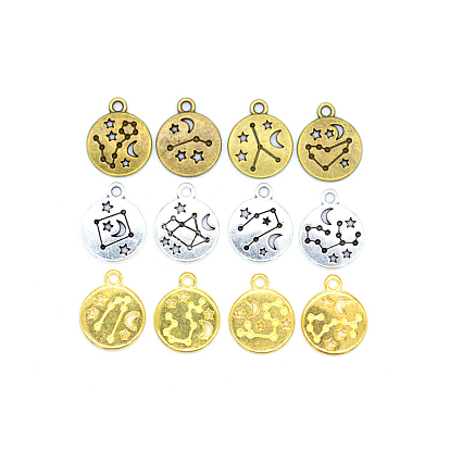 Tibetan Style Alloy Pendants, Flat Round with Twelve Constellation