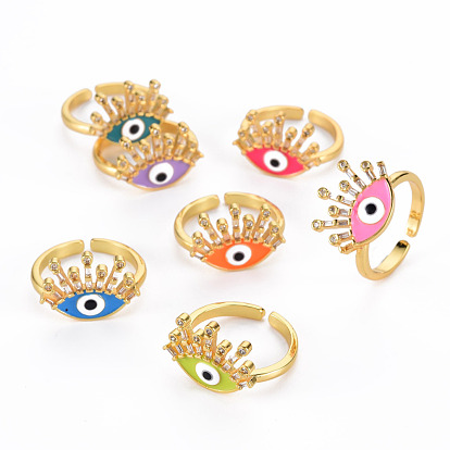 Brass Micro Pave Cubic Zirconia Cuff Rings, Open Rings, with Enamel, Evil Eye, Cadmium Free & Nickel Free & Lead Free, Golden