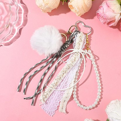 Подвеска из искусственного кроличьего волоса, полиэстеровой ленты и пластиковых жемчужных бусин, платиной и золотом