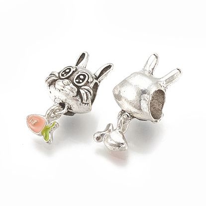 Alloy European Bunny Dangle Charms, Large Hole Pendants, with Enamel, Rabbit with Carrot Charms, Light Salmon