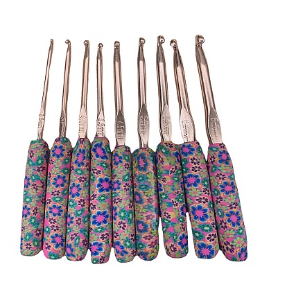 Colorful printed soft clay handle crochet hook set, aluminum oxide gold foil crochet needle DIY knitting tools 9 pieces