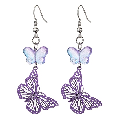 430 Stainless Steel & Glass Dangle Earrings, Butterfly