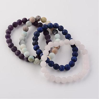 Natural Gemstone Beads Stretch Bracelets, Frosted, Round